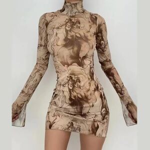 LIKE NEW Beige/Brown Abstract Printed Mini Bodycon Mesh Dress - Small
